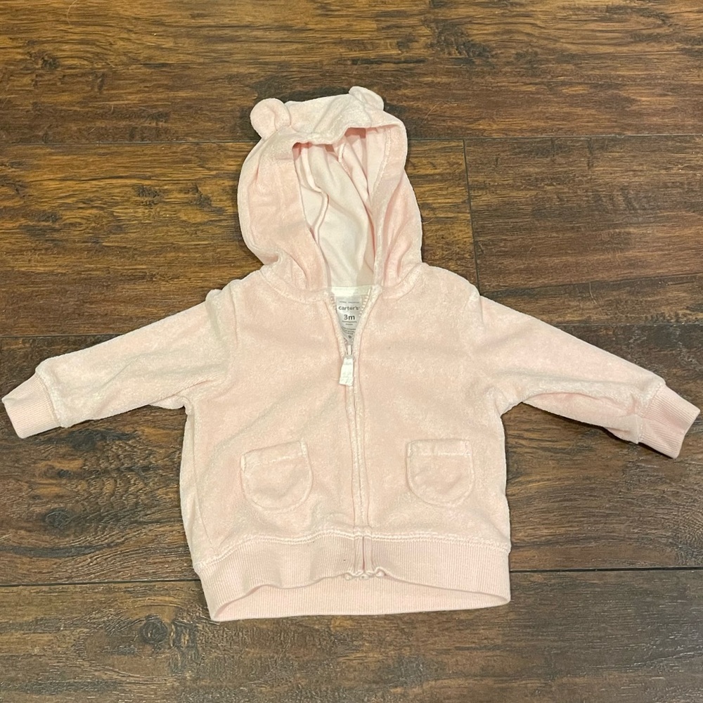 Carter’s Baby Pink Terrycloth Bear Hood Zip Up Sweatshirt with Pockets, Size 3M
